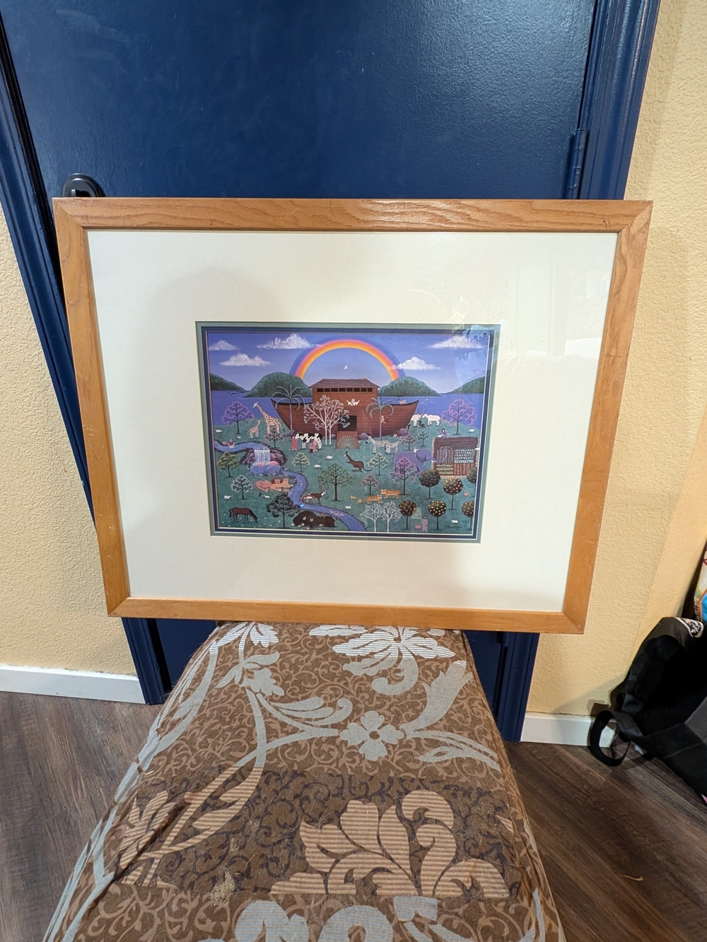Noah’s Ark Folk Art Framed Print Rainbow Animals 30.5 x 24.5
